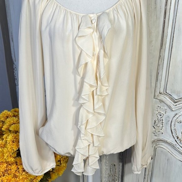 Karen Kane 100% Silk Elegant Cream Ruffle Long Sleeve Blouse - Picture 3 of 9